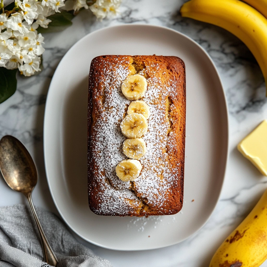 A close-up of a packaged banana bread mix next to ripe bananas, flour, and a loaf of freshly baked banana bread on a wooden countertop.