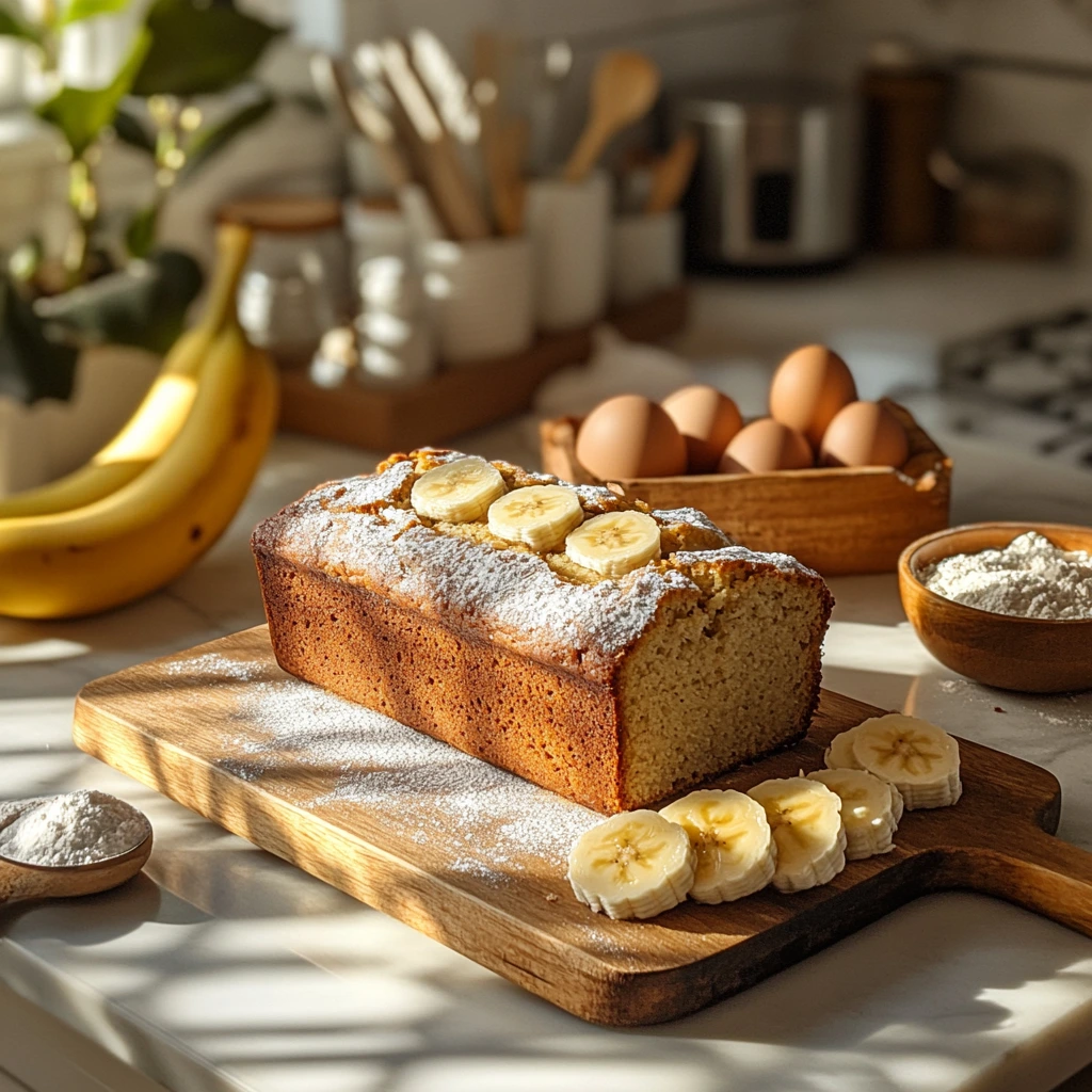 A freshly baked loaf of 4-ingredient banana bread on a wooden cutting board, surrounded by ripe bananas and a knife ready for slicing.