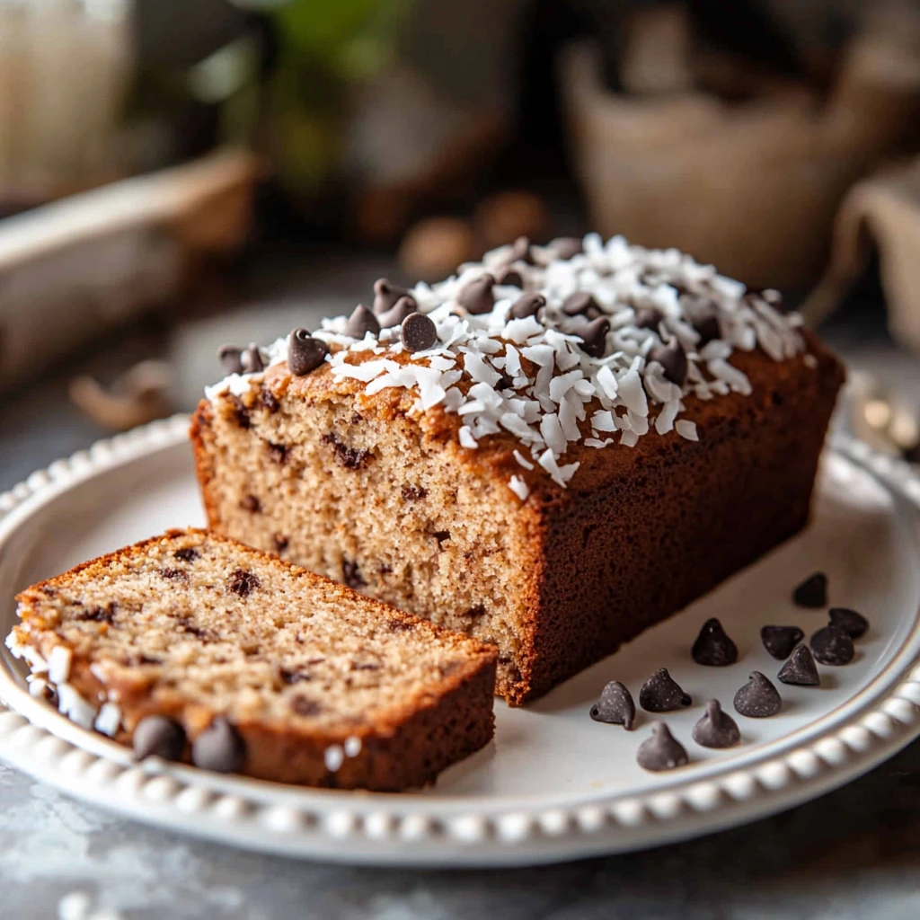 A freshly baked loaf of vegan banana bread with a golden-brown top, sliced on a white ceramic plate, garnished with banana slices and nuts
