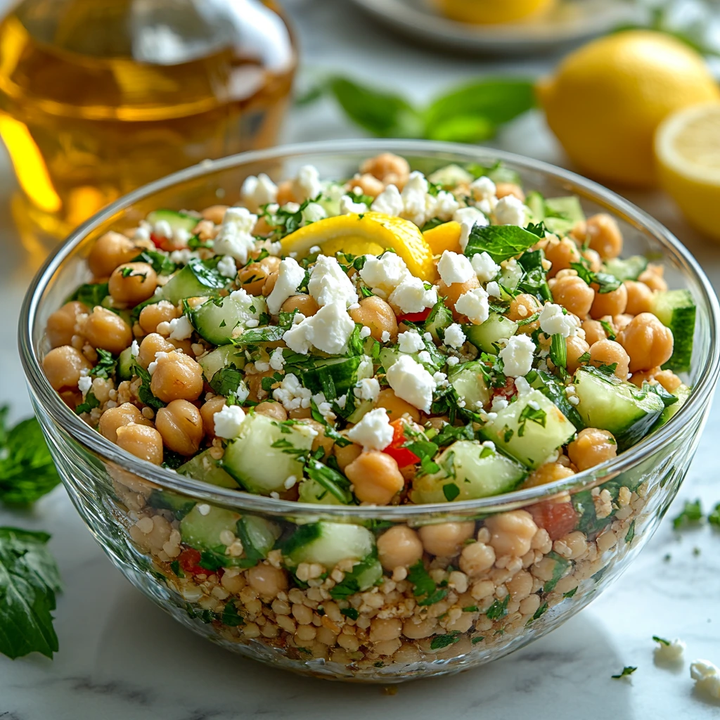 A vibrant Jennifer Aniston Salad featuring bulgur wheat, chickpeas, cucumbers, red onions, parsley, and feta cheese, garnished with lemon slices and olive oil, served in a rustic bowl on a wooden table.