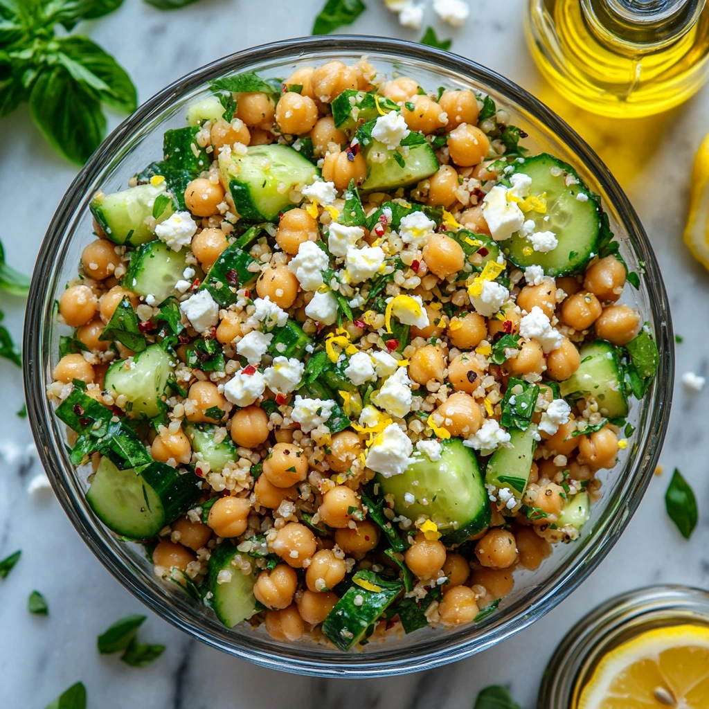 A vibrant Jennifer Aniston Salad featuring bulgur wheat, chickpeas, cucumbers, red onions, parsley, and feta cheese, garnished with lemon slices and olive oil, served in a rustic bowl on a wooden table.