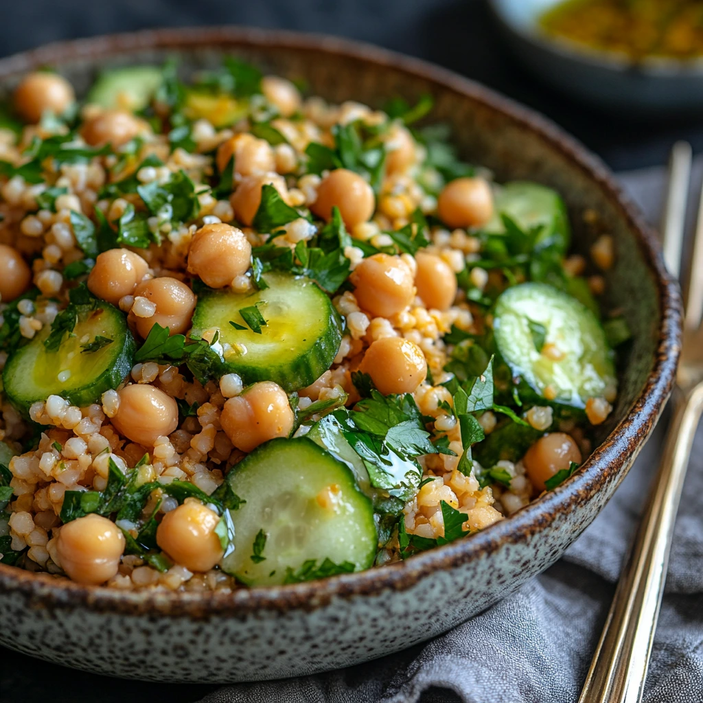 A vibrant Jennifer Aniston Salad featuring bulgur wheat, chickpeas, cucumbers, red onions, parsley, and feta cheese, garnished with lemon slices and olive oil, served in a rustic bowl on a wooden table.