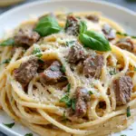 inesboulila A close up of delicious garlic beef pasta served on 7c976a5a 00f5 4312 8881 9d82d58f629e
