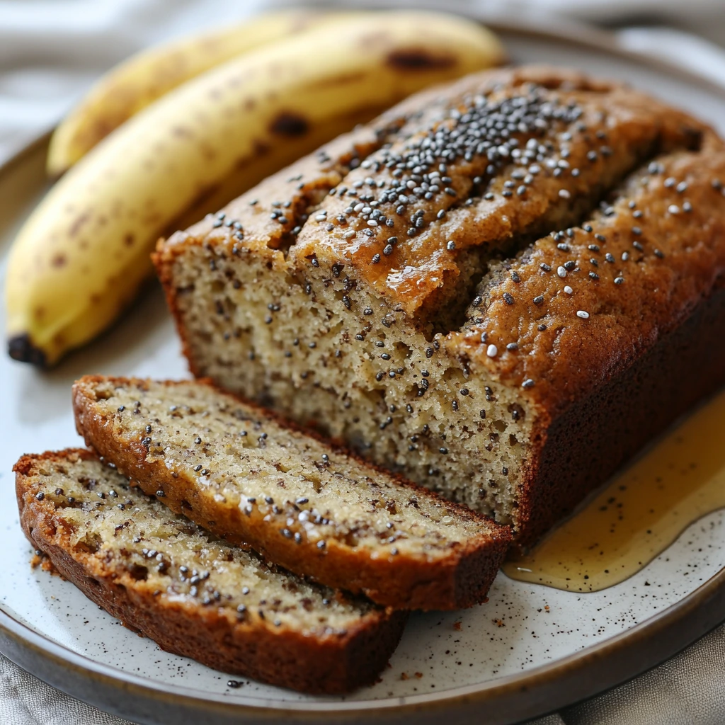 Freshly baked protein banana bread with chocolate chips, walnuts, and chia seeds, sliced and served on a white plate.