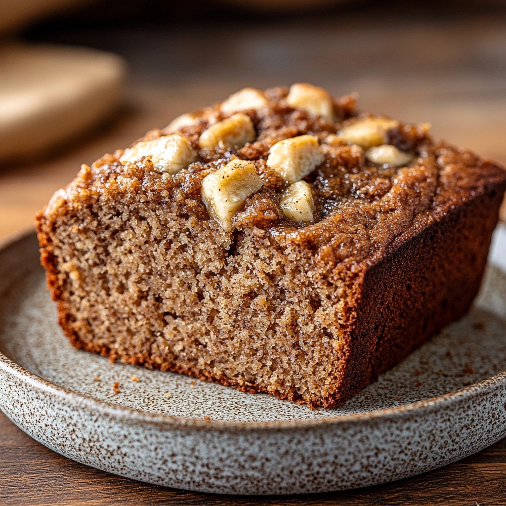 A freshly baked loaf of vegan banana bread with a golden-brown top, sliced on a white ceramic plate, garnished with banana slices and nuts