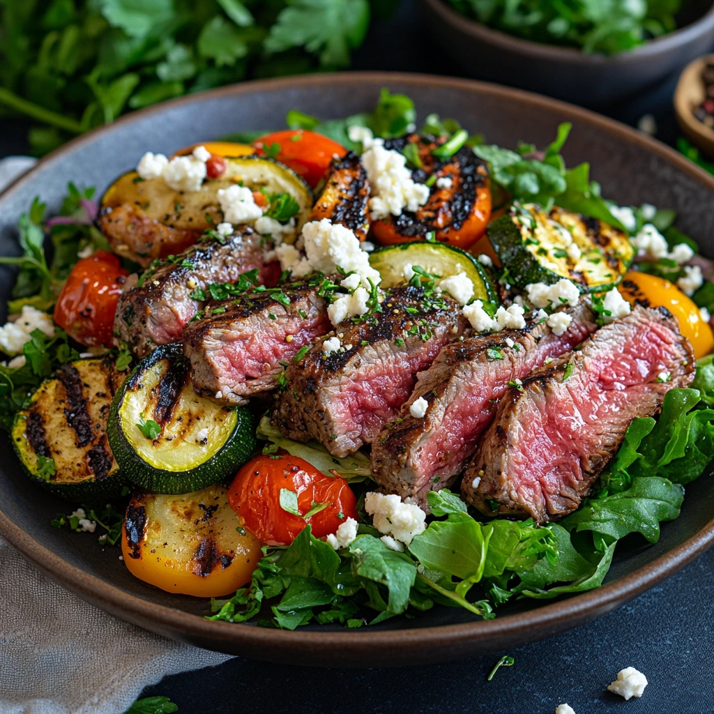 A vibrant steak salad featuring slices of juicy steak, fresh mixed greens, cherry tomatoes, cucumber, red onion, avocado, and crumbled feta, drizzled with dressing.