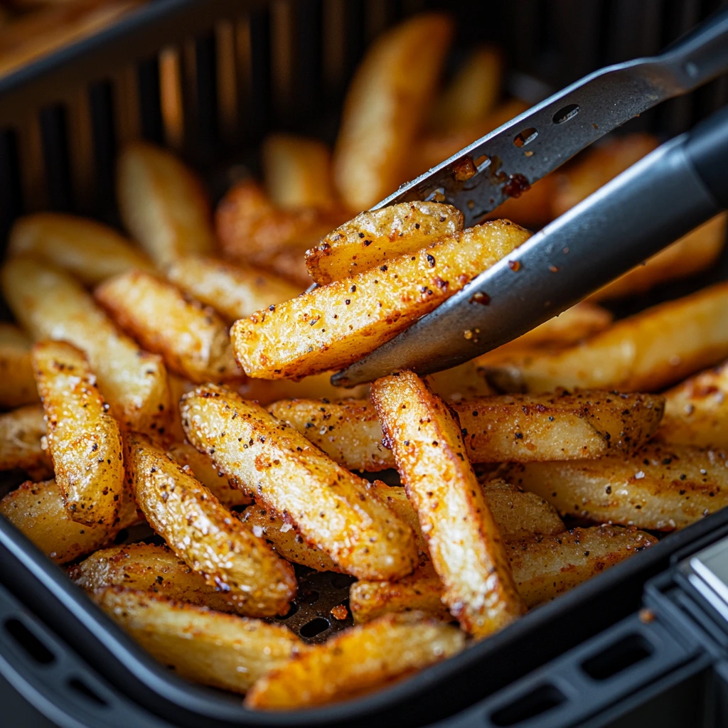 Golden frozen fries cooking in an air fryer basket.