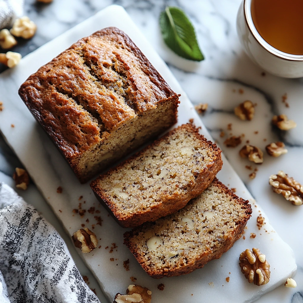 Starbucks-inspired homemade banana bread loaf on a cutting board, showcasing a golden-brown crust and soft, moist texture.