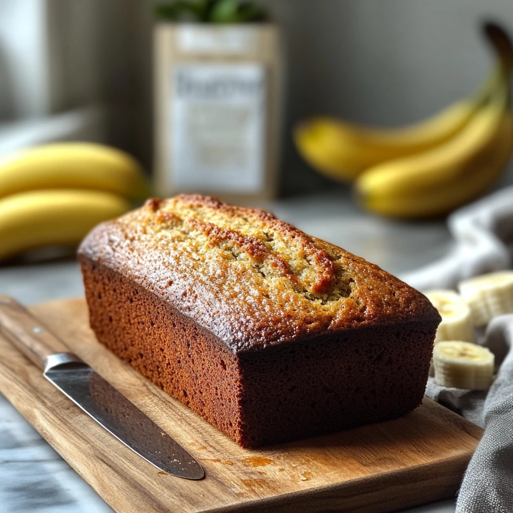 A close-up of a packaged banana bread mix next to ripe bananas, flour, and a loaf of freshly baked banana bread on a wooden countertop.
