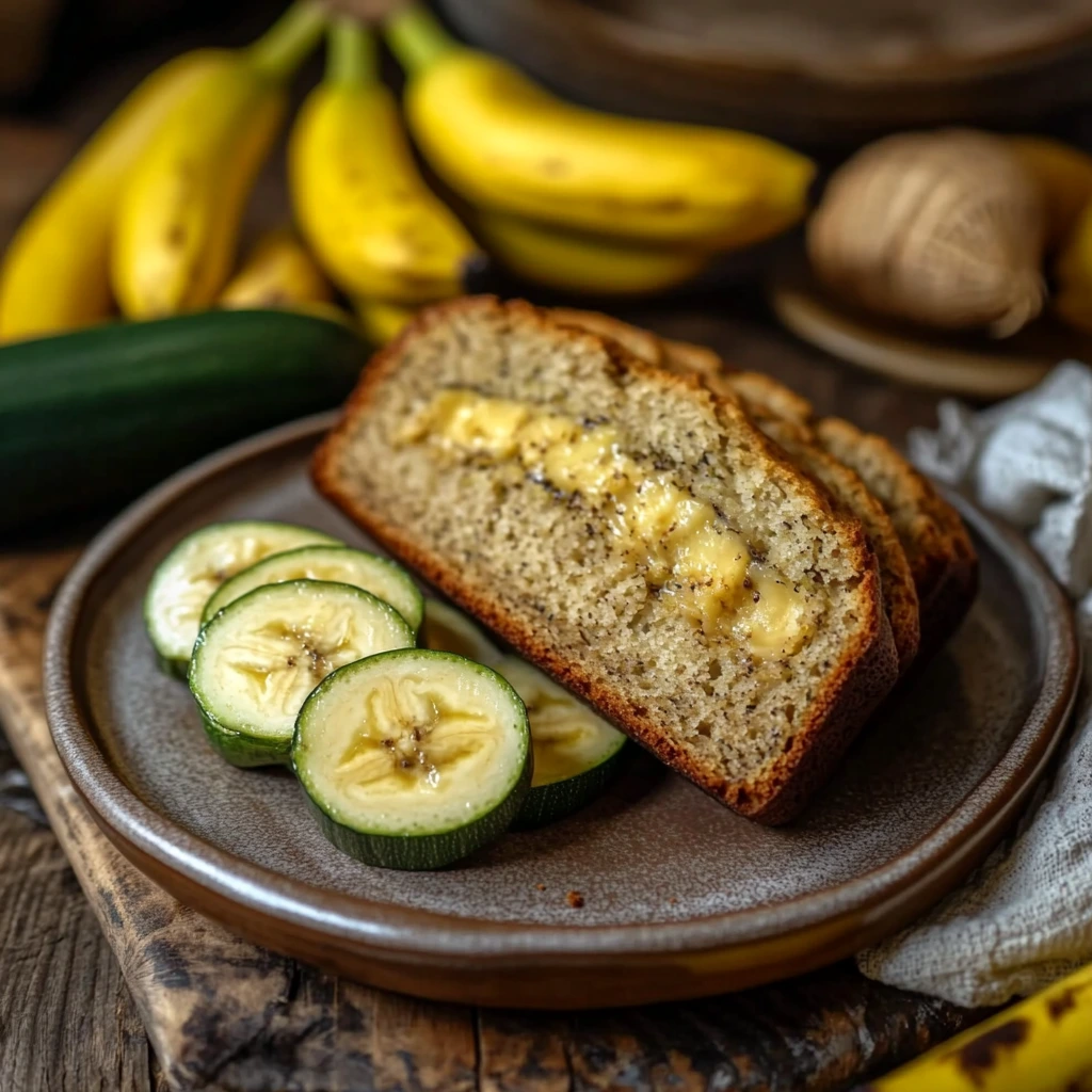 A freshly baked loaf of banana zucchini bread sliced on a wooden cutting board, with a few slices arranged neatly next to it, showing the moist and rich texture.
