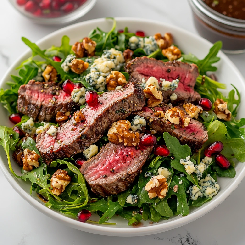 A vibrant steak salad featuring slices of juicy steak, fresh mixed greens, cherry tomatoes, cucumber, red onion, avocado, and crumbled feta, drizzled with dressing.