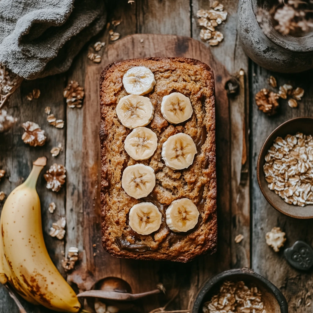 A freshly baked loaf of 4-ingredient banana bread on a wooden cutting board, surrounded by ripe bananas and a knife ready for slicing.