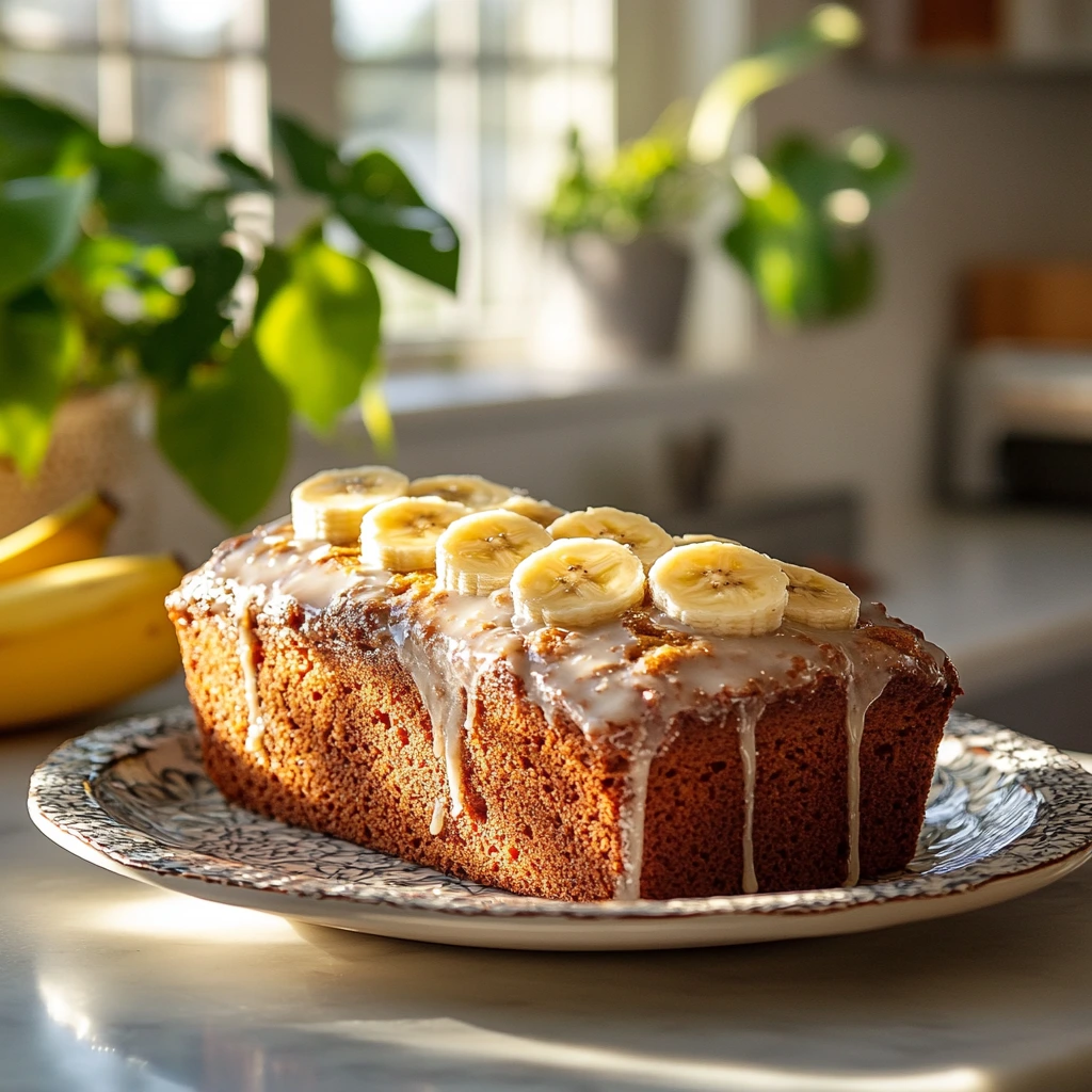 A freshly baked loaf of Pillsbury Banana Bread on a wooden cutting board, surrounded by ripe bananas and a knife for slicing.