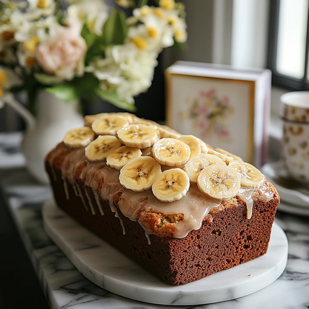 A freshly baked loaf of Martha Stewart’s banana bread, golden brown with a moist texture, served on a wooden cutting board with a few slices cut to reveal its soft crumb.