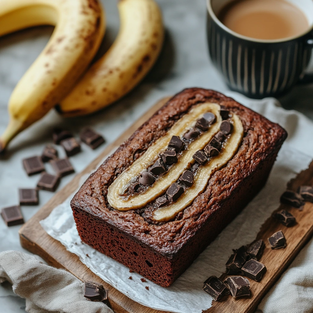 A freshly baked loaf of Chrissy Teigen’s banana bread, sliced to reveal its moist texture, with chocolate chunks and shredded coconut visible in each slice.
