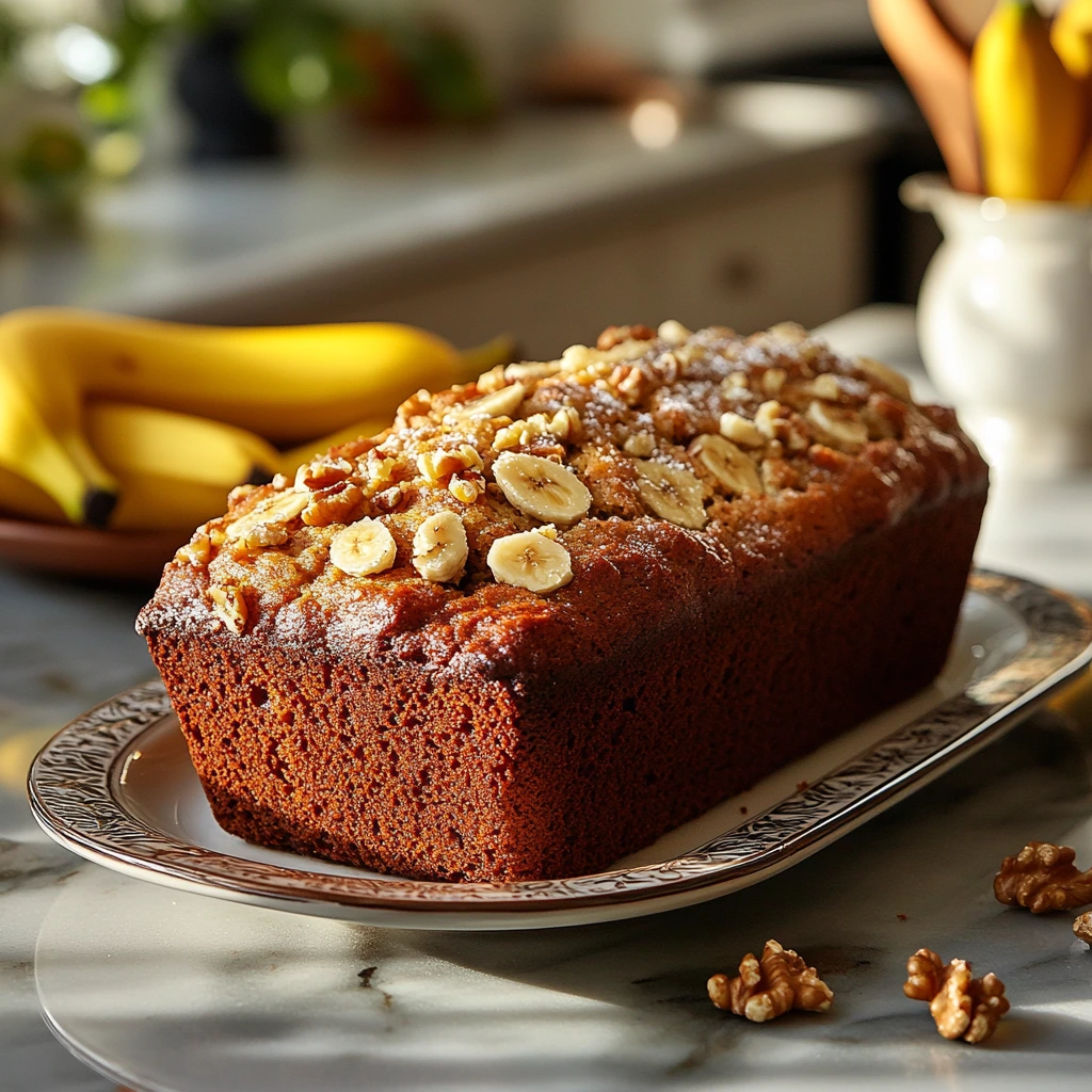 A freshly baked loaf of Martha Stewart’s banana bread, golden brown with a moist texture, served on a wooden cutting board with a few slices cut to reveal its soft crumb.