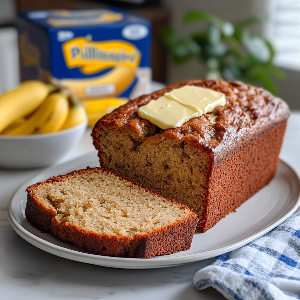A freshly baked loaf of Pillsbury Banana Bread on a wooden cutting board, surrounded by ripe bananas and a knife for slicing.