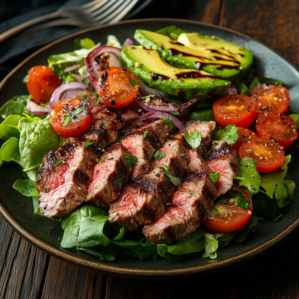 A vibrant steak salad featuring slices of juicy steak, fresh mixed greens, cherry tomatoes, cucumber, red onion, avocado, and crumbled feta, drizzled with dressing.