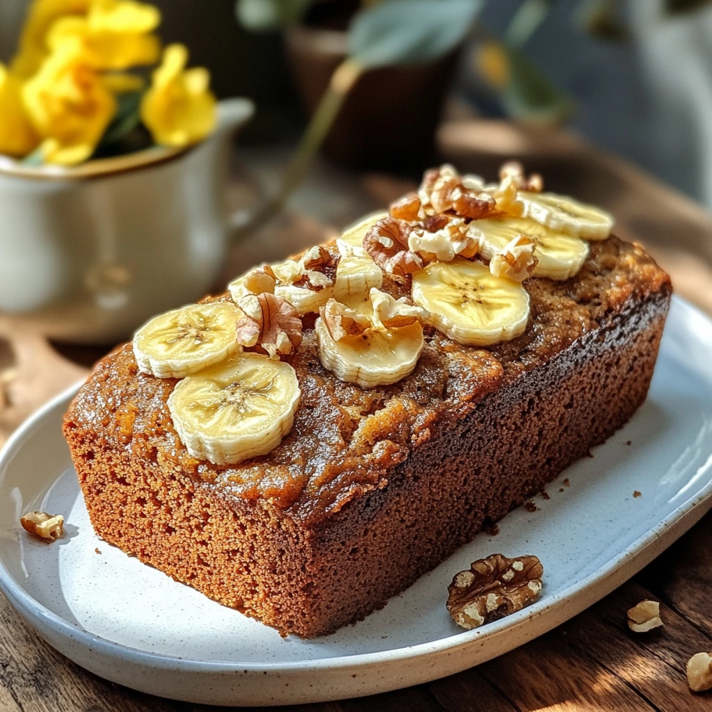 A freshly baked loaf of vegan banana bread with a golden-brown top, sliced on a white ceramic plate, garnished with banana slices and nuts