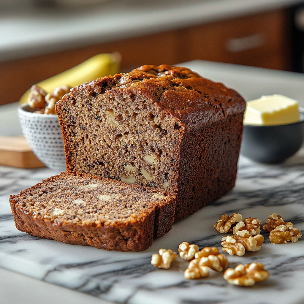 A freshly baked loaf of banana zucchini bread sliced on a wooden cutting board, with a few slices arranged neatly next to it, showing the moist and rich texture.