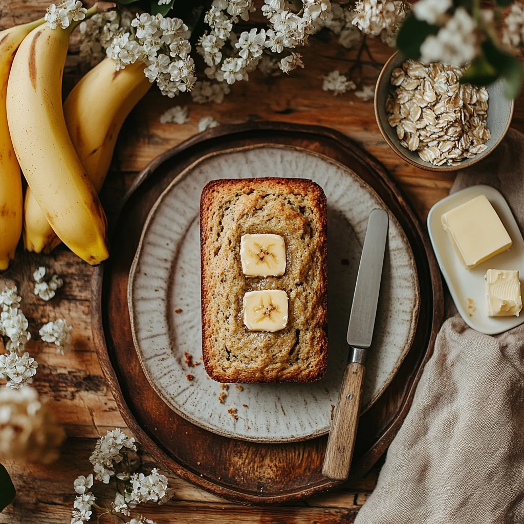 A freshly baked loaf of banana bread, sliced to reveal its moist and fluffy interior, made with just two ripe bananas.