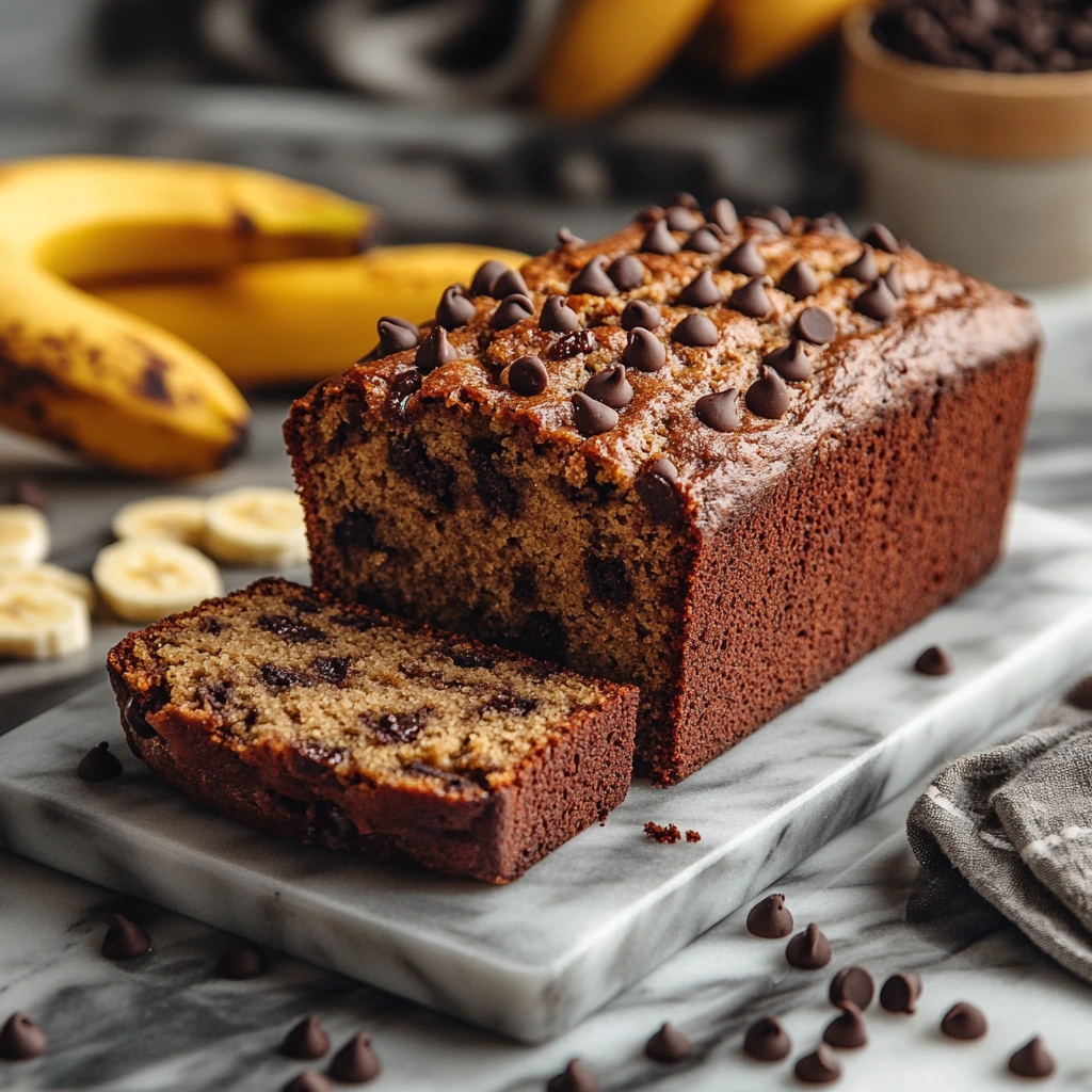 A freshly baked loaf of Chrissy Teigen’s banana bread, sliced to reveal its moist texture, with chocolate chunks and shredded coconut visible in each slice.