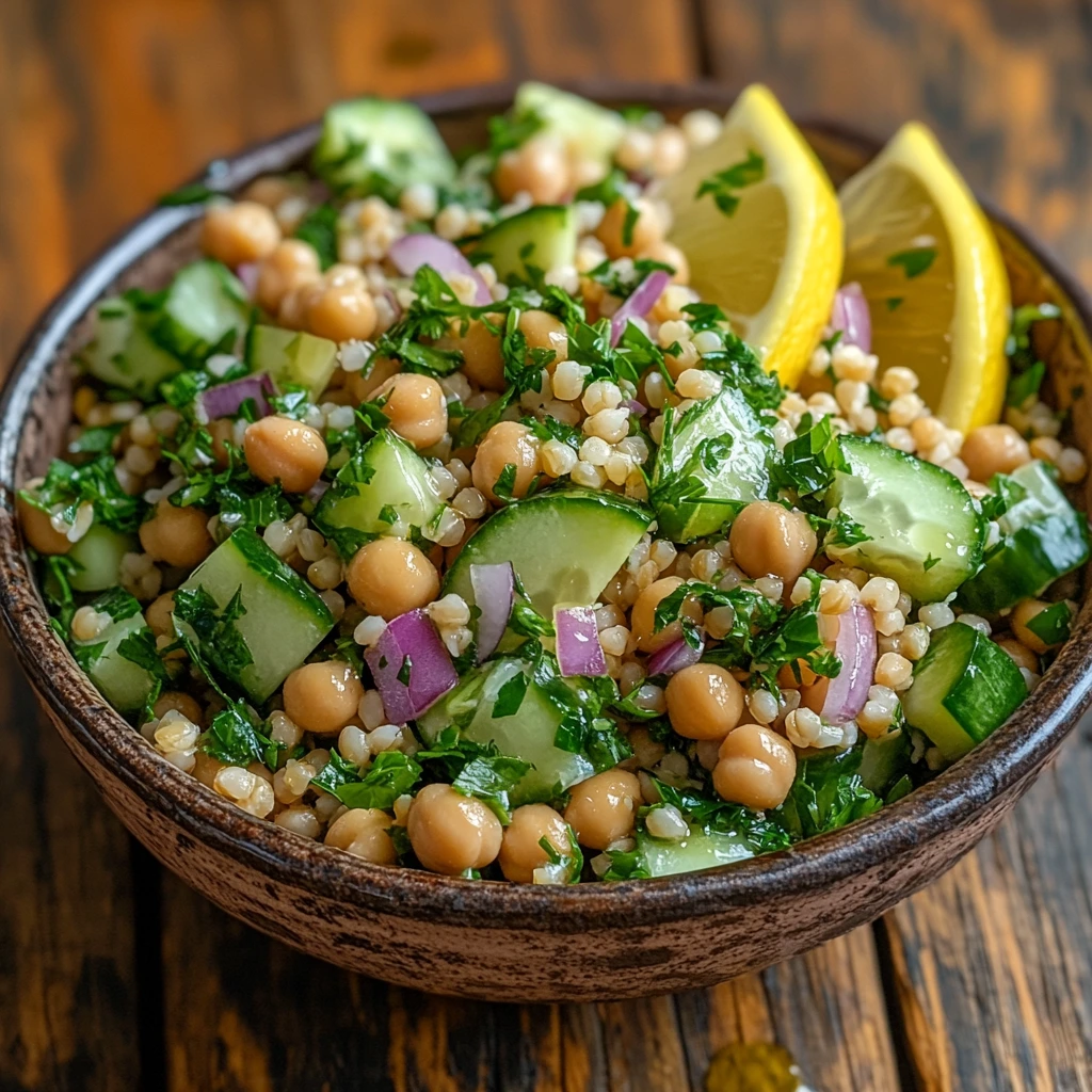 A vibrant Jennifer Aniston Salad featuring bulgur wheat, chickpeas, cucumbers, red onions, parsley, and feta cheese, garnished with lemon slices and olive oil, served in a rustic bowl on a wooden table.