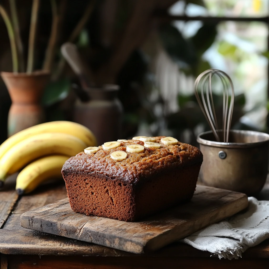 A close-up of a packaged banana bread mix next to ripe bananas, flour, and a loaf of freshly baked banana bread on a wooden countertop.