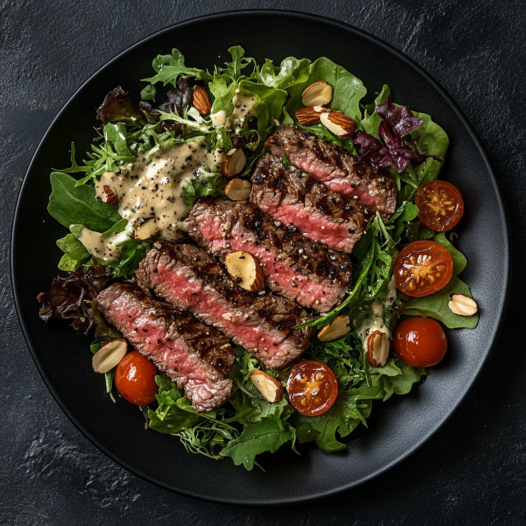 A vibrant steak salad featuring slices of juicy steak, fresh mixed greens, cherry tomatoes, cucumber, red onion, avocado, and crumbled feta, drizzled with dressing.