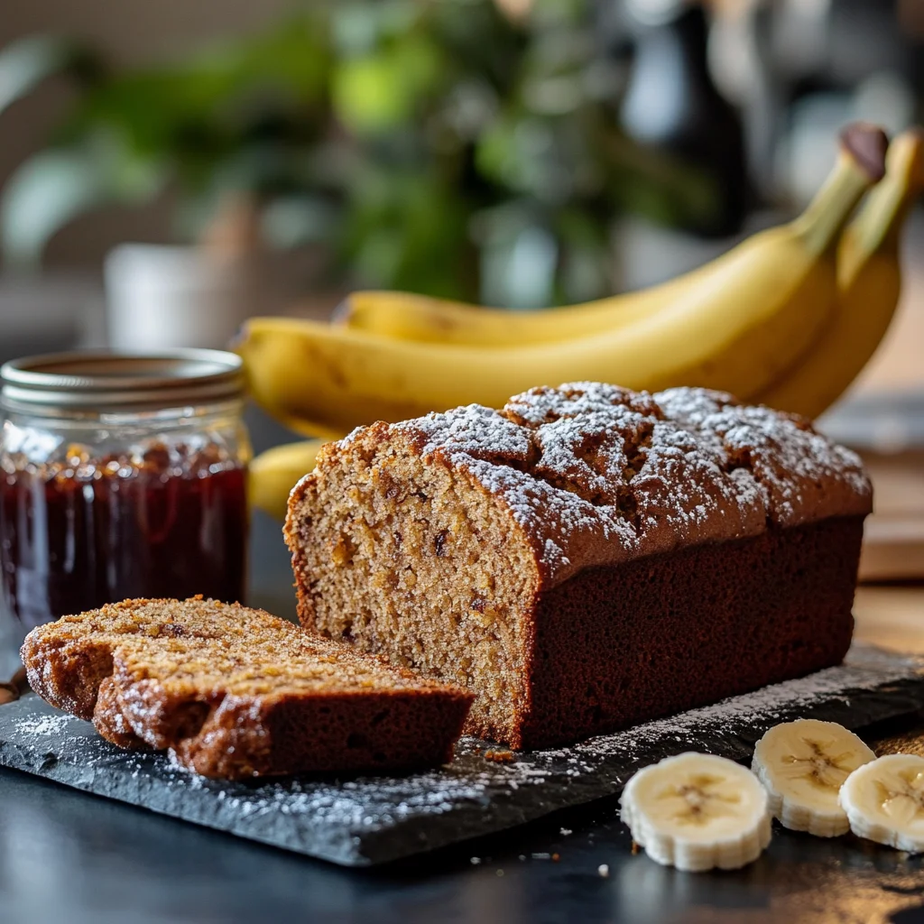 A freshly baked loaf of banana bread, sliced to reveal its moist and fluffy interior, made with just two ripe bananas.