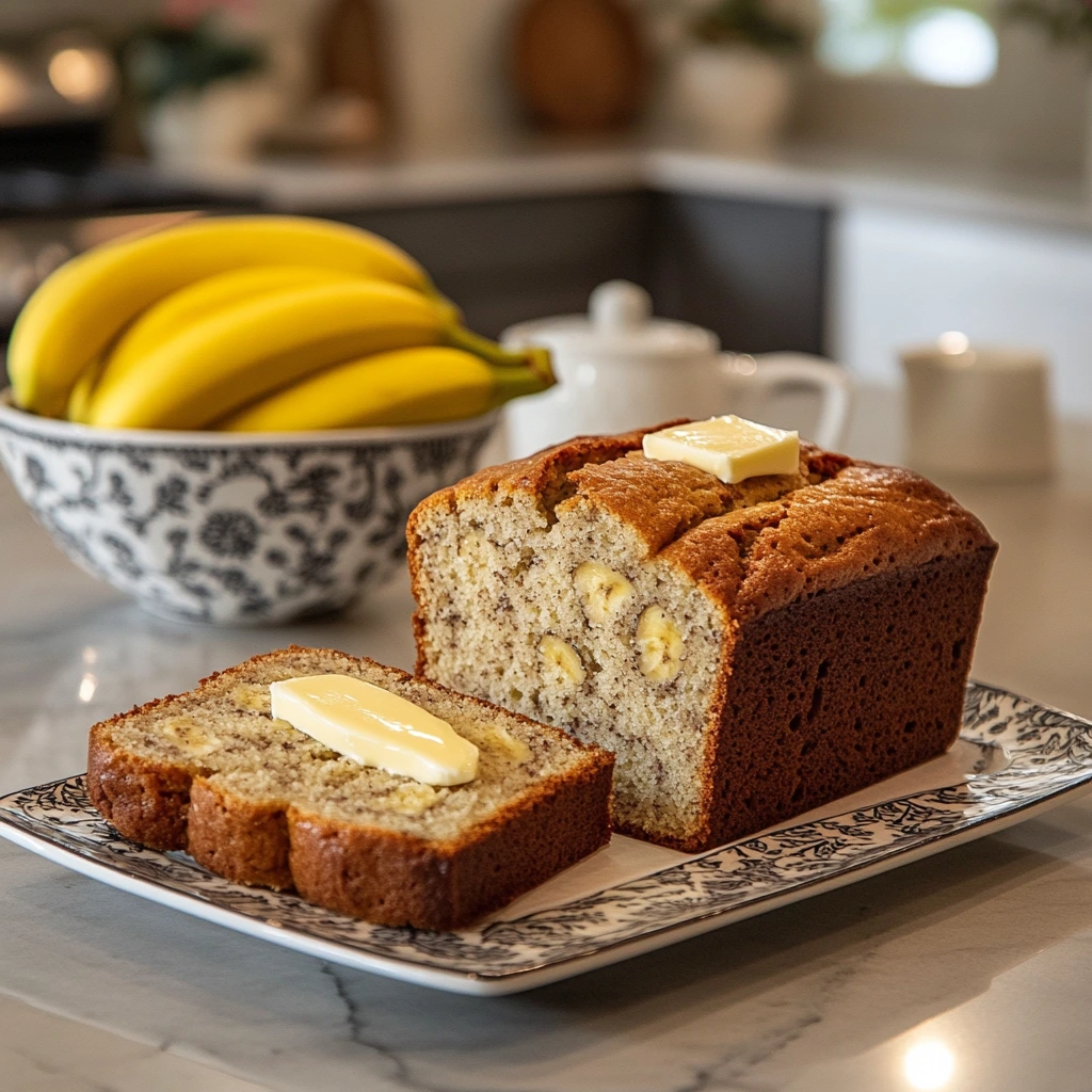 A close-up of a packaged banana bread mix next to ripe bananas, flour, and a loaf of freshly baked banana bread on a wooden countertop.