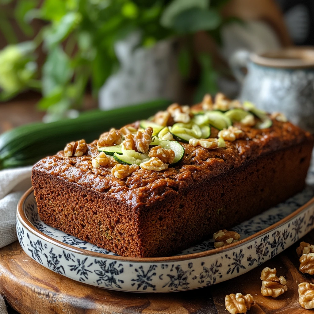 A freshly baked loaf of banana zucchini bread sliced on a wooden cutting board, with a few slices arranged neatly next to it, showing the moist and rich texture.