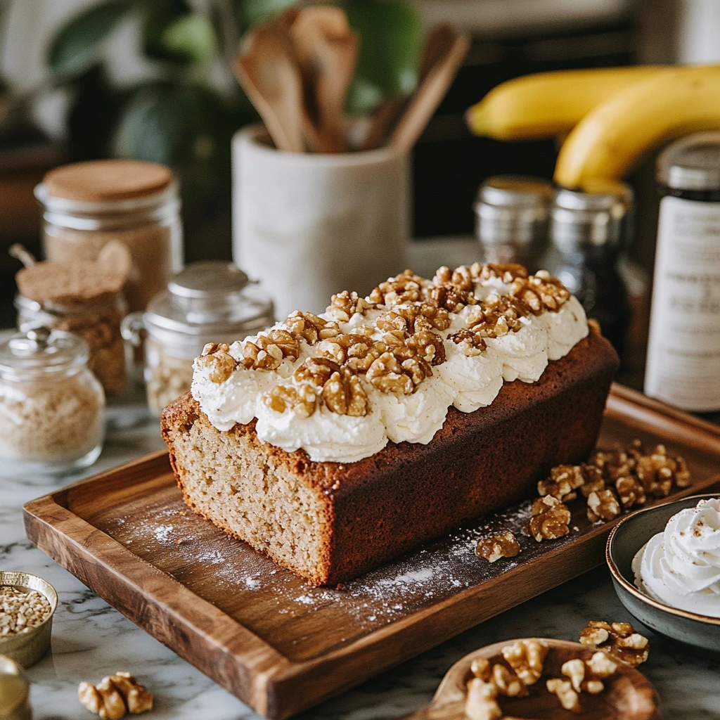 A freshly baked loaf of Chrissy Teigen’s banana bread, sliced to reveal its moist texture, with chocolate chunks and shredded coconut visible in each slice.