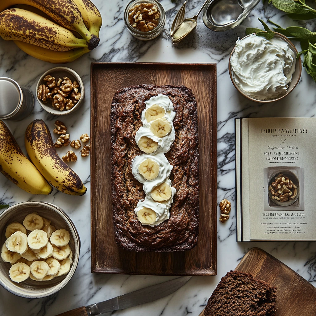 A freshly baked loaf of Chrissy Teigen’s banana bread, sliced to reveal its moist texture, with chocolate chunks and shredded coconut visible in each slice.