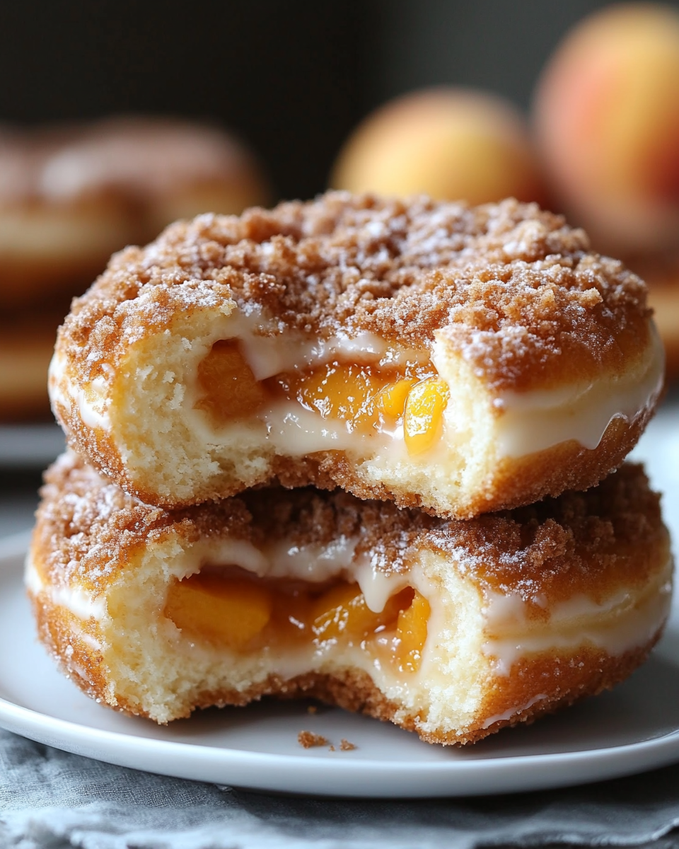 Indulge in the delightful fusion of flavors with Classic Peach Cobbler Cheesecake Donuts. These treats combine the comforting essence of peach cobbler and the creamy richness of cheesecake, all encased within a warm, fluffy donut. Perfect for brunch, dessert, or any special occasion, these donuts are sure to impress and satisfy your sweet cravings. Why This Recipe Appeals Fusion of Classics: Merges the beloved flavors of peach cobbler and cheesecake into a single, indulgent treat. Textural Delight: Combines the crispiness of a freshly fried donut with creamy cheesecake filling and tender peach topping. Versatile Occasion Treat: Suitable for various occasions, from family gatherings to festive celebrations. Ingredients For the Donuts: 1 can biscuit dough or pre-made donut dough Vegetable oil, for frying For the Peach Cobbler Filling: 1 can peach slices in syrup or fresh peaches, chopped ¼ cup brown sugar 1 teaspoon ground cinnamon 1 tablespoon cornstarch 1 tablespoon water For the Cheesecake Filling: 8 oz cream cheese, softened ¼ cup powdered sugar 1 teaspoon vanilla extract ¼ cup heavy cream For the Topping: ¼ cup crushed graham crackers or crushed digestive biscuits ¼ cup glaze (store-bought or homemade with powdered sugar and milk) Pinch of cinnamon Step-by-Step Directions 1. Prepare the Peach Cobbler Filling In a saucepan, combine the chopped peaches, brown sugar, and ground cinnamon. In a small bowl, mix the cornstarch and water to create a slurry, then add it to the saucepan. Cook over medium heat, stirring constantly, until the mixture thickens and the peaches are tender, approximately 5–7 minutes. Remove from heat and allow to cool to room temperature. 2. Prepare the Cheesecake Filling In a mixing bowl, beat the softened cream cheese until smooth. Add the powdered sugar and vanilla extract, continuing to beat until well combined. Gradually add the heavy cream and beat until the mixture becomes fluffy and creamy. Set aside. 3. Fry the Donuts Heat vegetable oil in a deep fryer or large pot to 350°F (175°C). Shape the biscuit dough into donuts by cutting out the center to form a ring. Carefully place the donuts into the hot oil, frying for 2–3 minutes per side until golden brown. Remove from oil and drain on paper towels. Allow to cool slightly. 4. Assemble the Donuts Slice each donut horizontally to create a sandwich. Spread a generous layer of the cheesecake filling on the bottom half. Spoon the peach cobbler filling over the cheesecake layer. Place the top half of the donut back on. 5. Add Toppings Drizzle the assembled donuts with glaze. Sprinkle crushed graham crackers over the top. Finish with a light dusting of cinnamon. 6. Serve Serve the donuts warm to fully enjoy the blend of flavors and textures. Pair with a cup of coffee or tea for an enhanced experience. Possible Variations Alternative Fruits: Substitute peaches with apples, berries, or pears to create different flavor profiles. Baked Version: For a lighter option, bake the donuts at 375°F (190°C) for 12–15 minutes instead of frying. Spiced Dough: Add a teaspoon of cinnamon or nutmeg to the donut dough for an extra layer of flavor. Servings and Timing Servings: Approximately 8 donuts Preparation Time: 20 minutes Cooking Time: 15 minutes Total Time: 35 minutes Storage and Reheating Instructions Storage: Store any leftover donuts in an airtight container at room temperature for up to 2 days. For extended freshness, refrigerate for up to 5 days. Reheating: To enjoy warm, heat the donuts in a preheated oven at 350°F (175°C) for 5–7 minutes. Alternatively, microwave on medium power for 20–30 seconds. FAQs 1. Can I use fresh peaches instead of canned? Yes, fresh peaches can be used. Peel and chop them before cooking to achieve the desired texture. 2. Is it possible to bake the donuts instead of frying? Yes, baking is a healthier alternative. Preheat the oven to 375°F (190°C) and bake the donuts for 12–15 minutes until golden brown. 3. How can I make the glaze at home? Combine powdered sugar with a small amount of milk or cream, mixing until smooth and reaching the desired consistency.