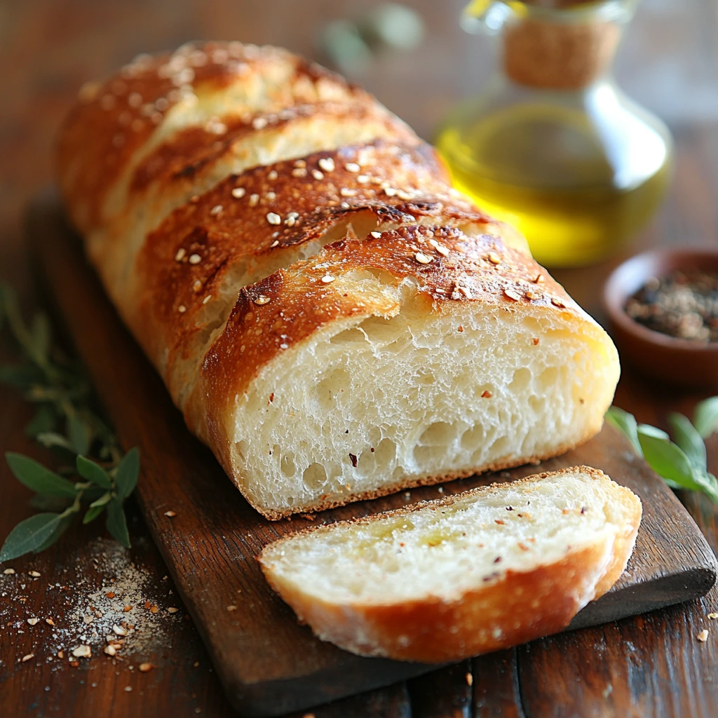 A freshly baked loaf of artisan Italian bread, soft and fluffy inside with a golden, slightly crisp crust, similar to Subway’s signature bread.