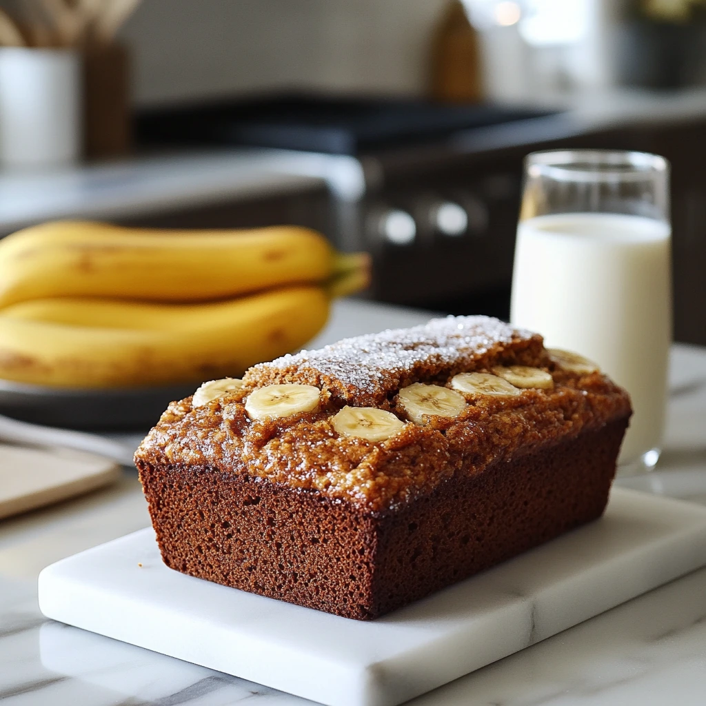 A freshly baked loaf of Chrissy Teigen’s banana bread, sliced to reveal its moist texture, with chocolate chunks and shredded coconut visible in each slice.