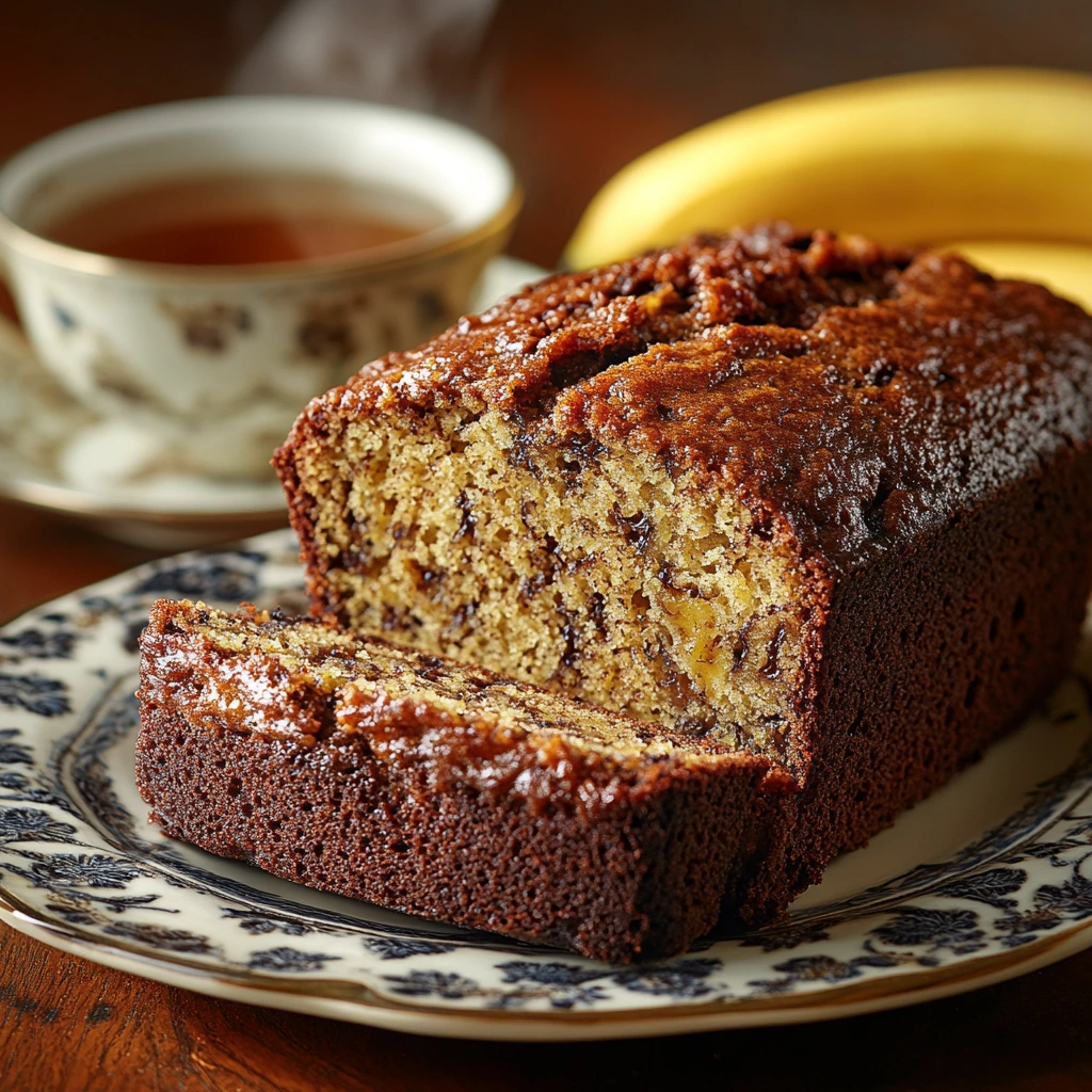 A freshly baked loaf of Martha Stewart’s banana bread, golden brown with a moist texture, served on a wooden cutting board with a few slices cut to reveal its soft crumb.