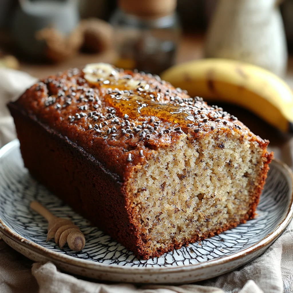 A freshly baked loaf of banana bread, sliced to reveal its moist and fluffy interior, made with just two ripe bananas.