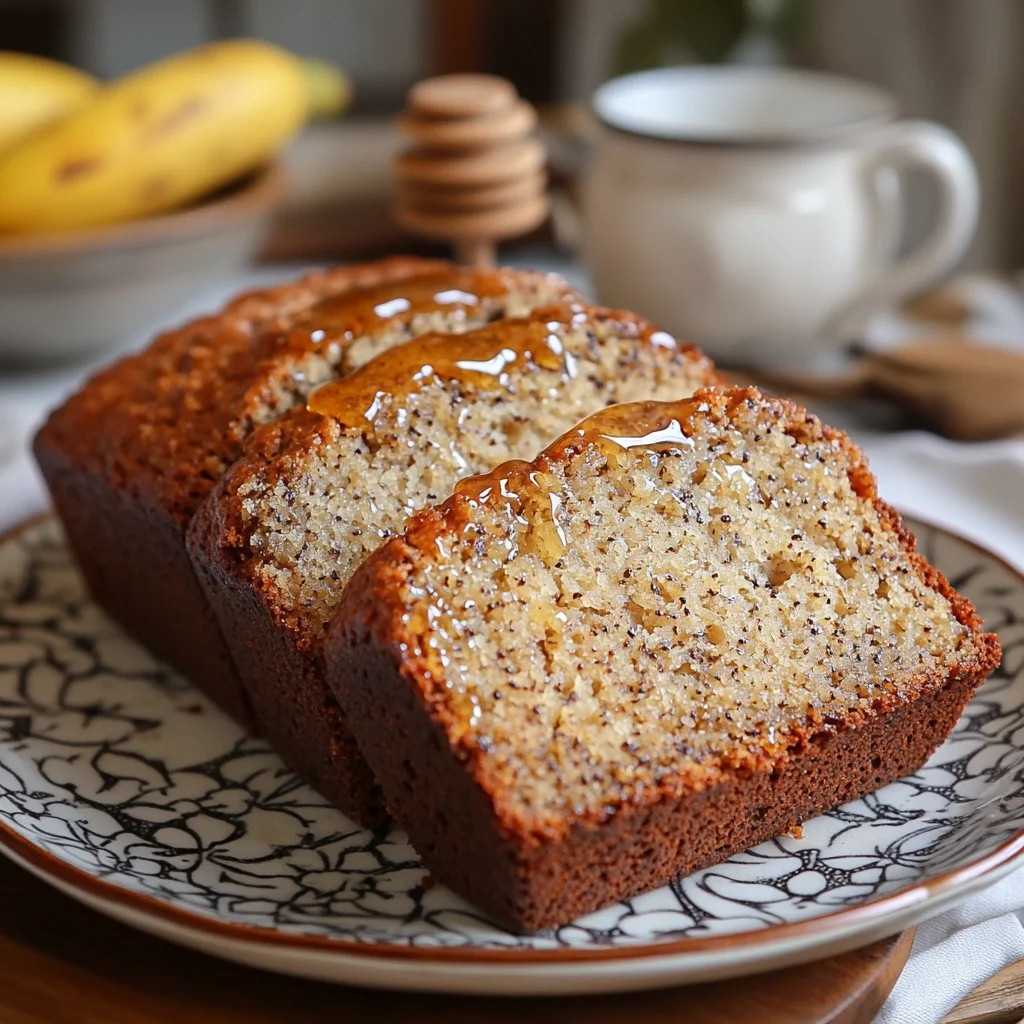 A freshly baked loaf of banana bread, sliced to reveal its moist and fluffy interior, made with just two ripe bananas.