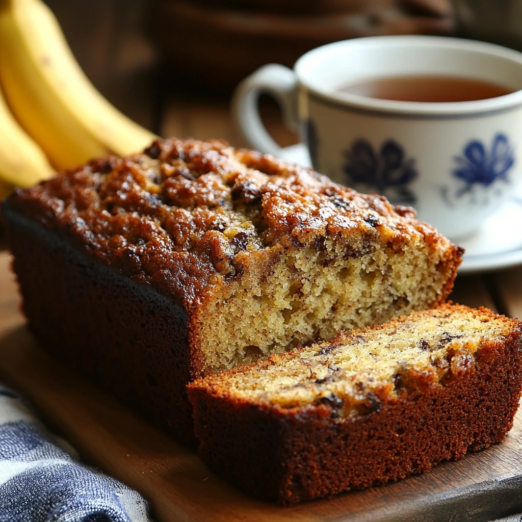 A freshly baked loaf of Pillsbury Banana Bread on a wooden cutting board, surrounded by ripe bananas and a knife for slicing.