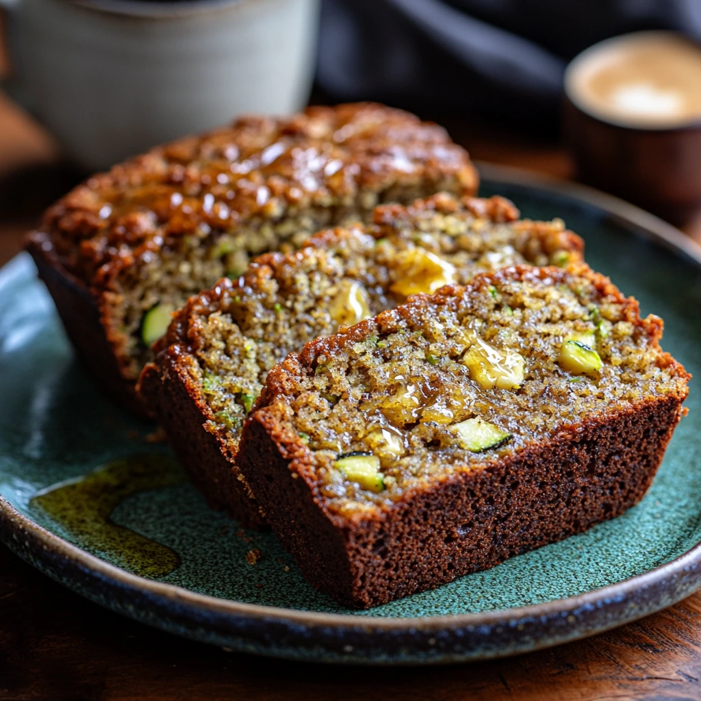 A freshly baked loaf of banana zucchini bread sliced on a wooden cutting board, with a few slices arranged neatly next to it, showing the moist and rich texture.