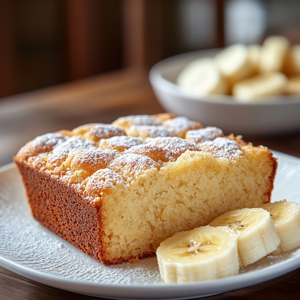 A freshly baked loaf of sourdough banana bread on a wooden cutting board, sliced to reveal its moist texture, surrounded by ripe bananas and a small bowl of flour.