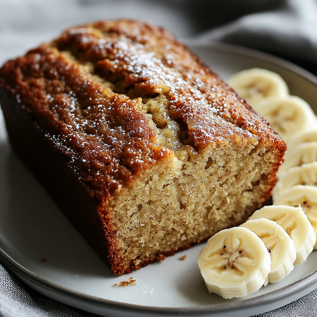 A freshly baked loaf of sourdough banana bread on a wooden cutting board, sliced to reveal its moist texture, surrounded by ripe bananas and a small bowl of flour