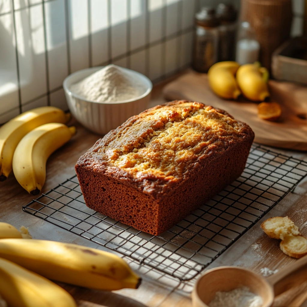 A freshly baked loaf of sourdough banana bread on a wooden cutting board, sliced to reveal its moist texture, surrounded by ripe bananas and a small bowl of flour.