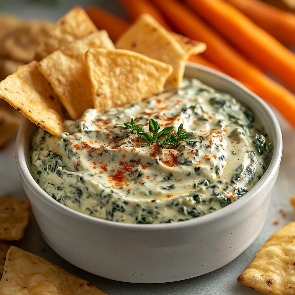 A bowl of creamy Knorr Spinach Dip served with fresh vegetables and crackers.