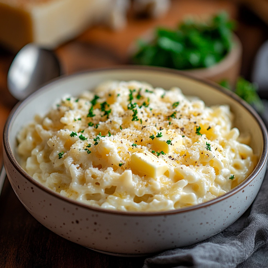 A warm bowl of creamy pastina, garnished with fresh parsley and served with a spoon on a wooden table.