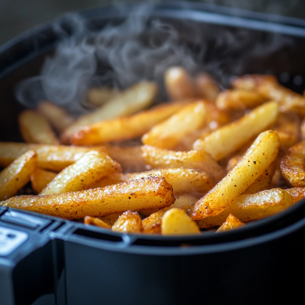 Golden frozen fries cooking in an air fryer basket.