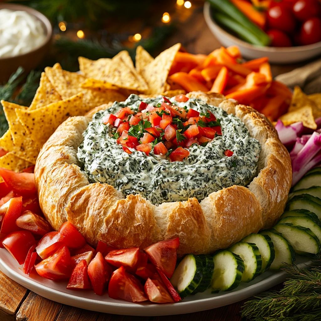 A bowl of creamy Knorr Spinach Dip served with fresh vegetables and crackers.