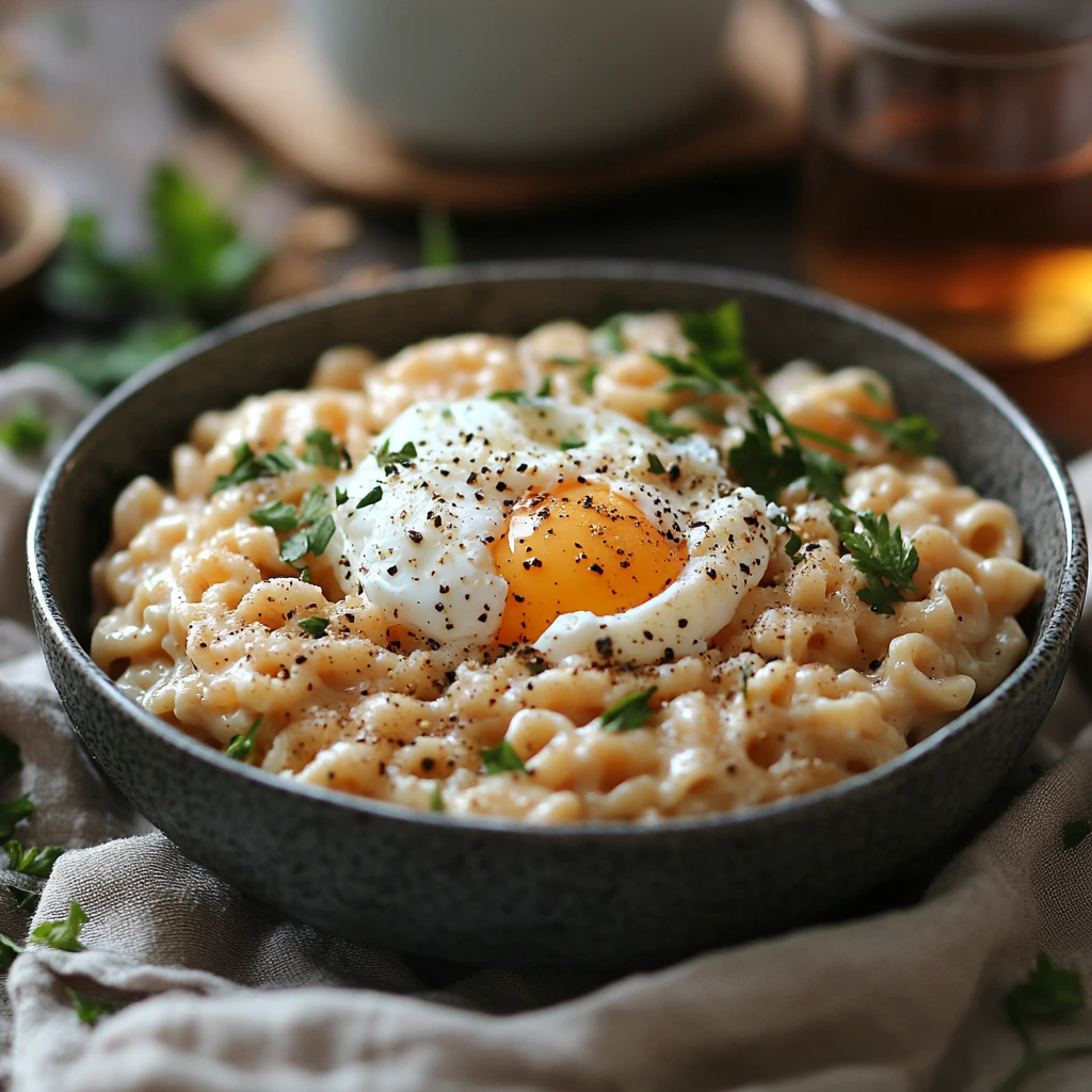 A warm bowl of creamy pastina, garnished with fresh parsley and served with a spoon on a wooden table.